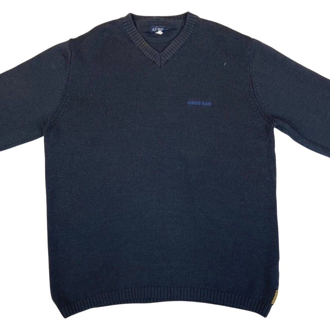 Vintage 90s 00s Navy Blue Embroidered Armani Jeans Knit Sweater L