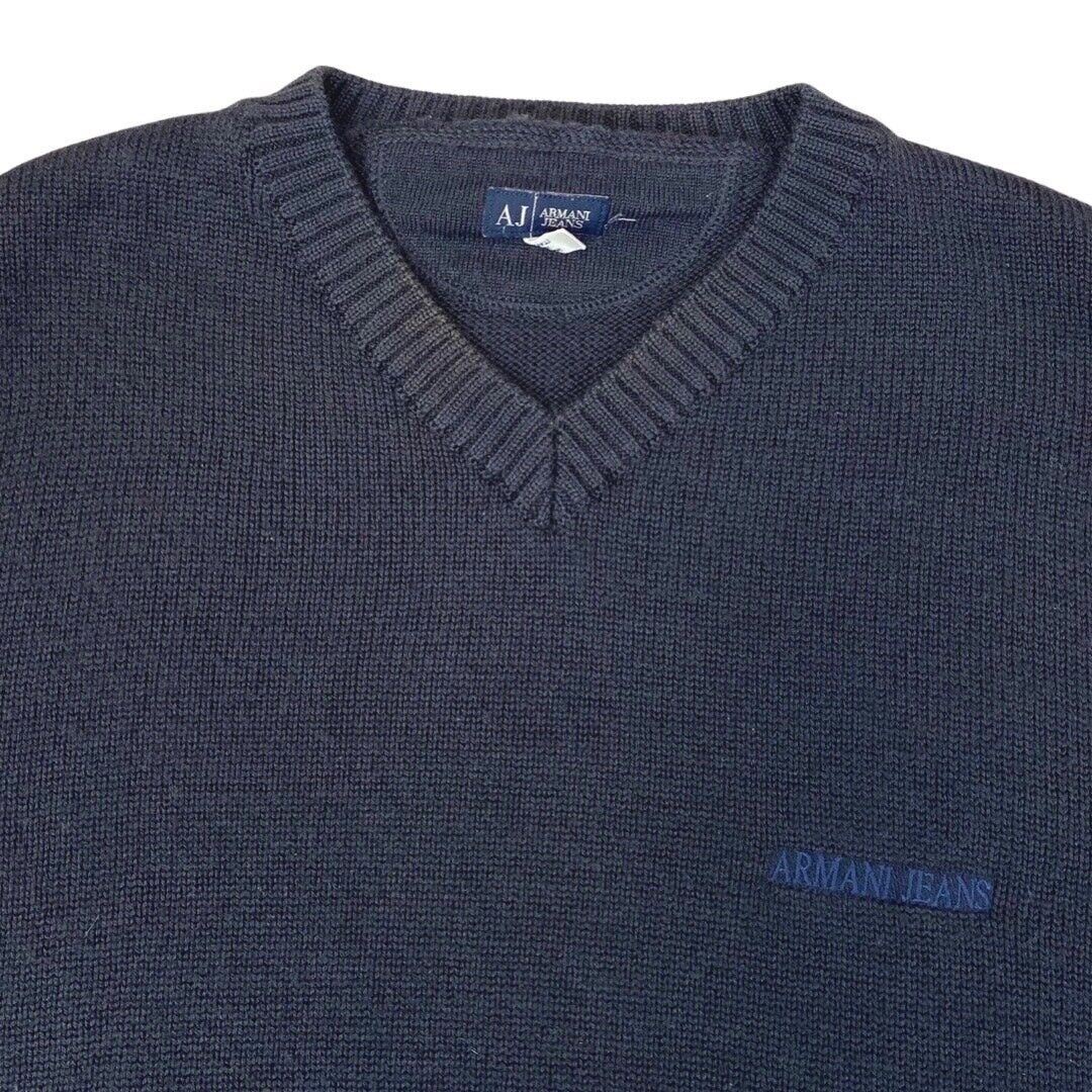 Vintage 90s 00s Navy Blue Embroidered Armani Jeans Knit Sweater L