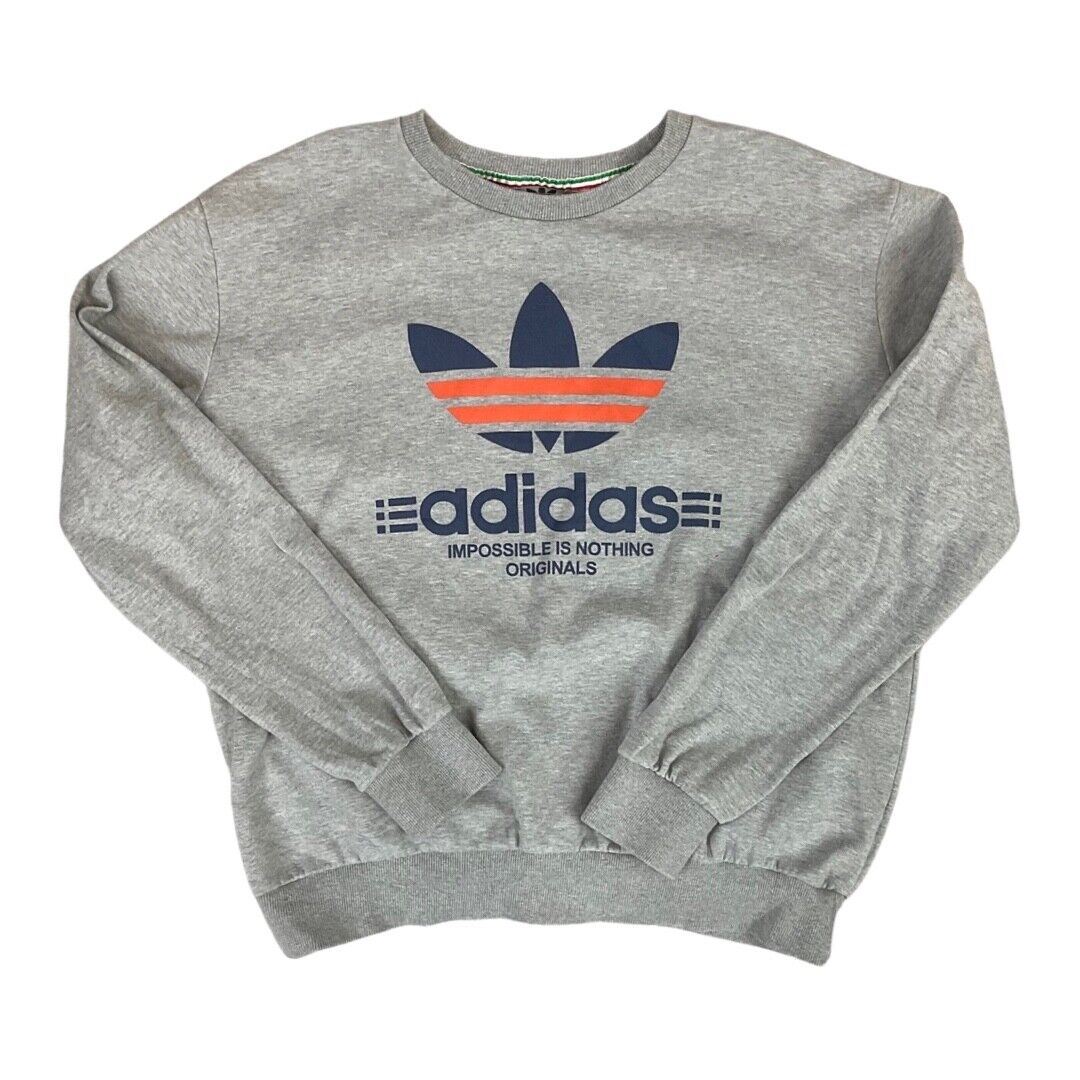 Vintage 90s 00s Grey Adidas Trefoil Logo Spellout Print Crew Neck Jumper M L