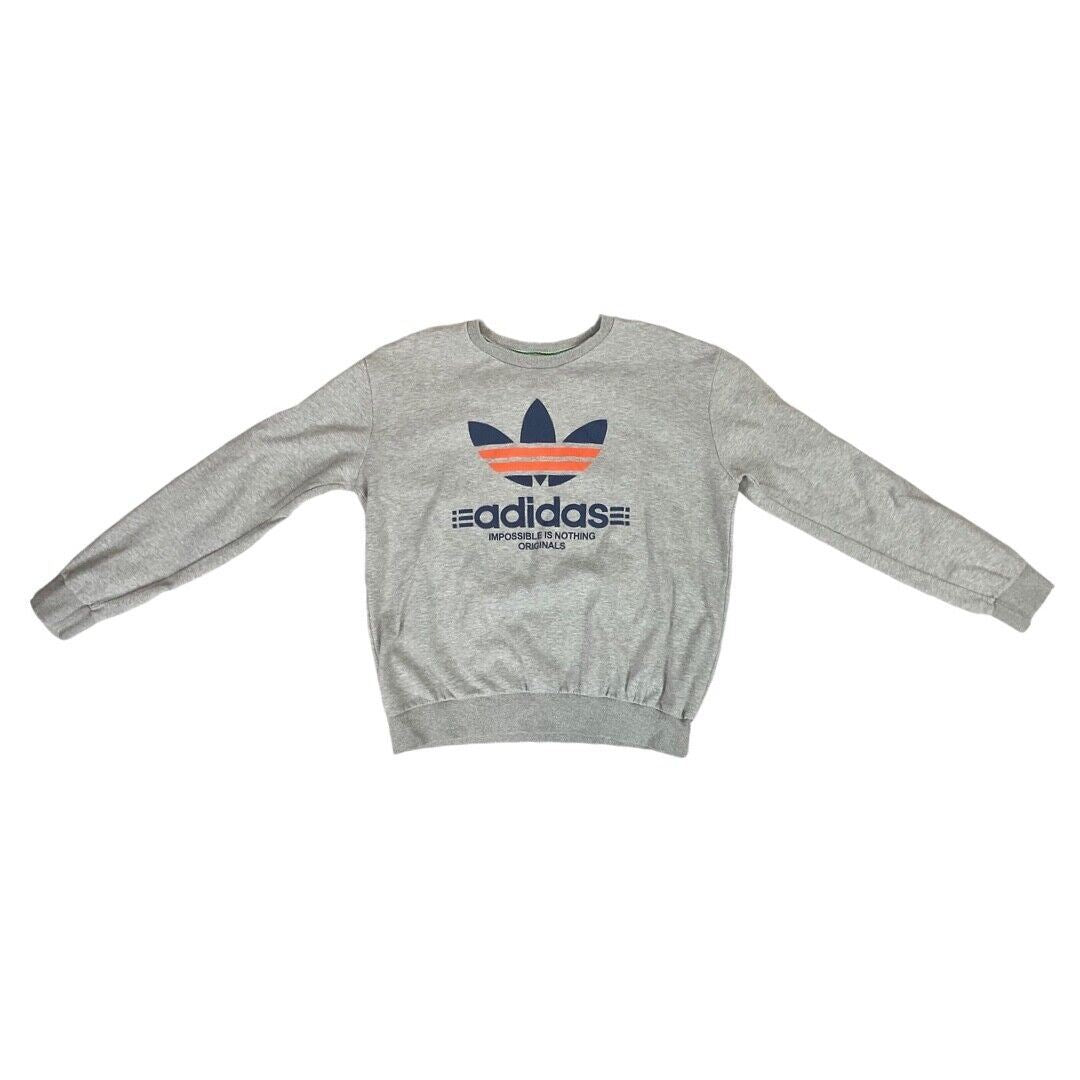 Vintage 90s 00s Grey Adidas Trefoil Logo Spellout Print Crew Neck Jumper M L