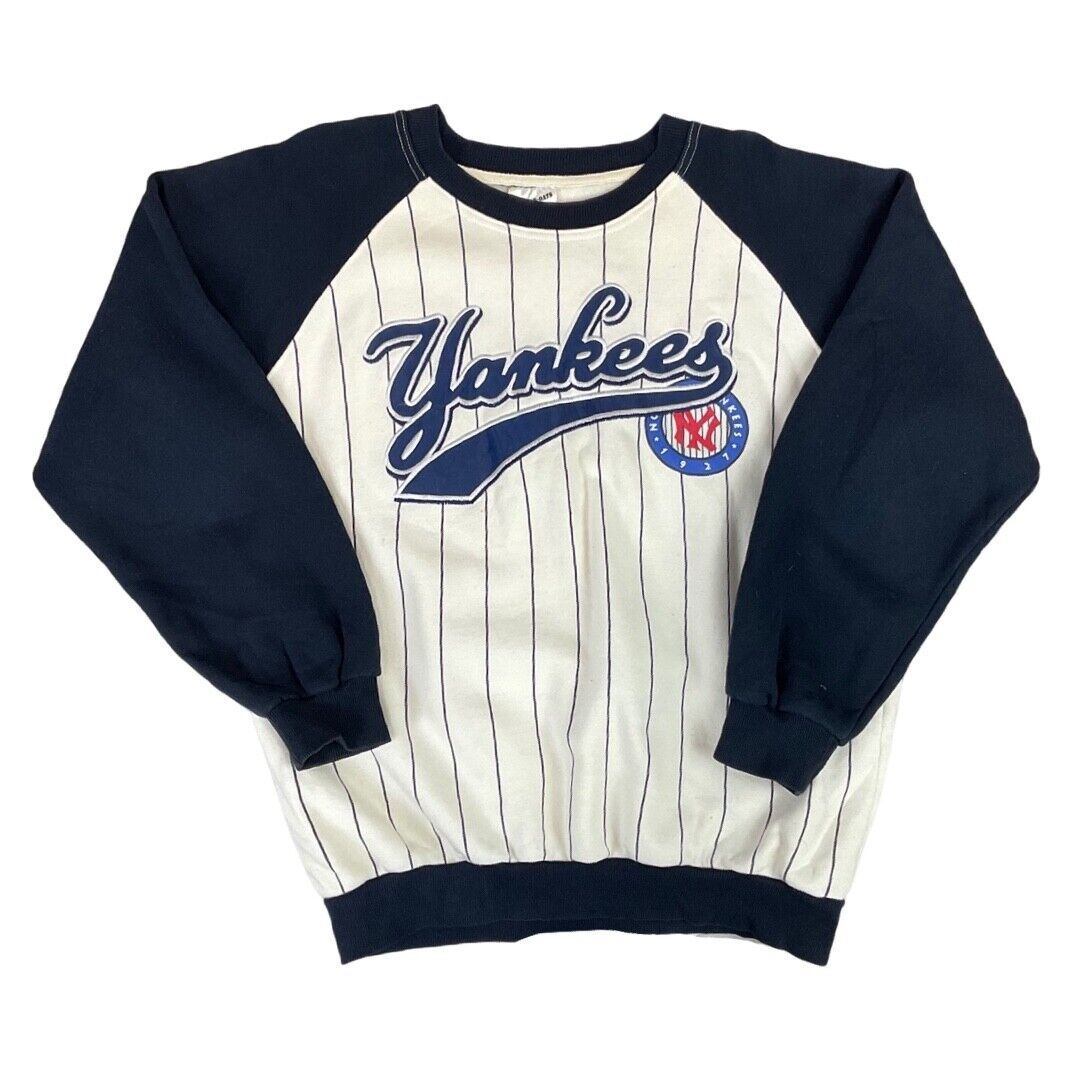 Vintage 90s Blue White Striped Embroidered NY Yankees Baseball Raglan Jumper M L