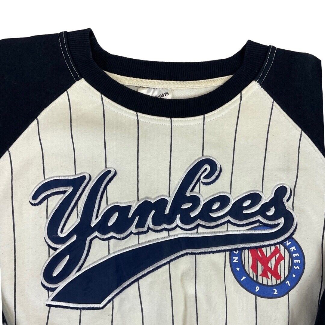 Vintage 90s Blue White Striped Embroidered NY Yankees Baseball Raglan Jumper M L