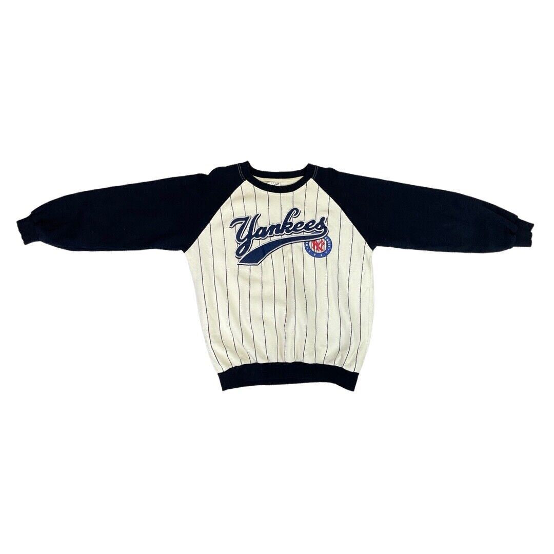 Vintage 90s Blue White Striped Embroidered NY Yankees Baseball Raglan Jumper M L