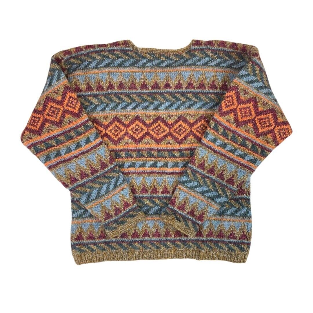 Vintage 90s Orange Blue Geometric Aztec Patterned Knitted Jumper S M