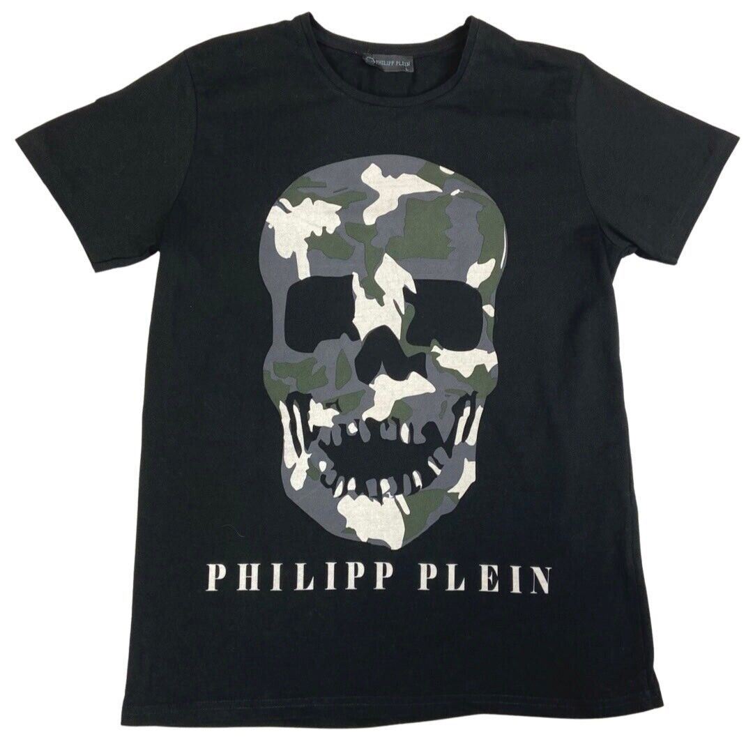 Vintage 90s 00s Black Philipp Plein Camouflage Skull T-shirt M