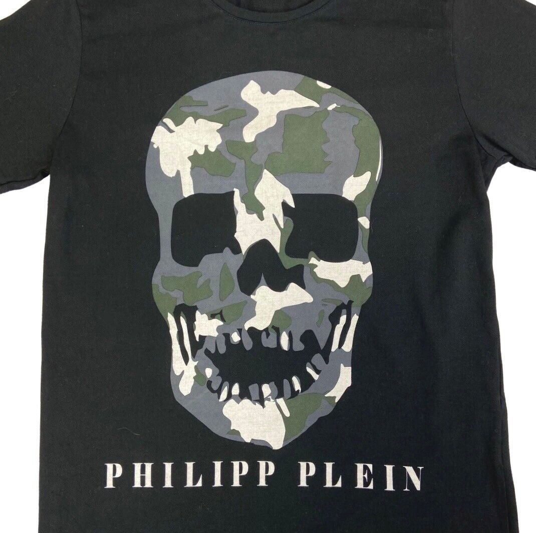 Vintage 90s 00s Black Philipp Plein Camouflage Skull T-shirt M