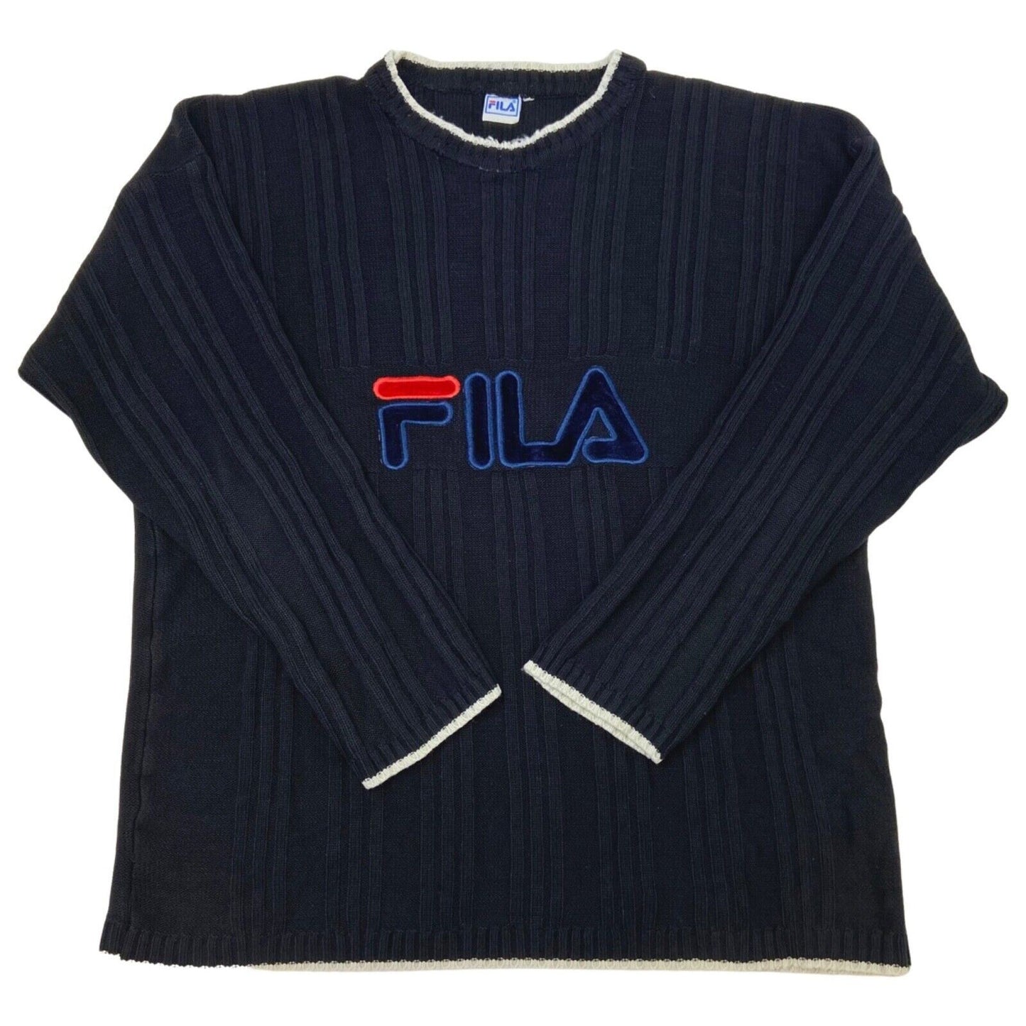 Vintage 90s Black Appliqué Fila Spell Out Knit Sweater XL