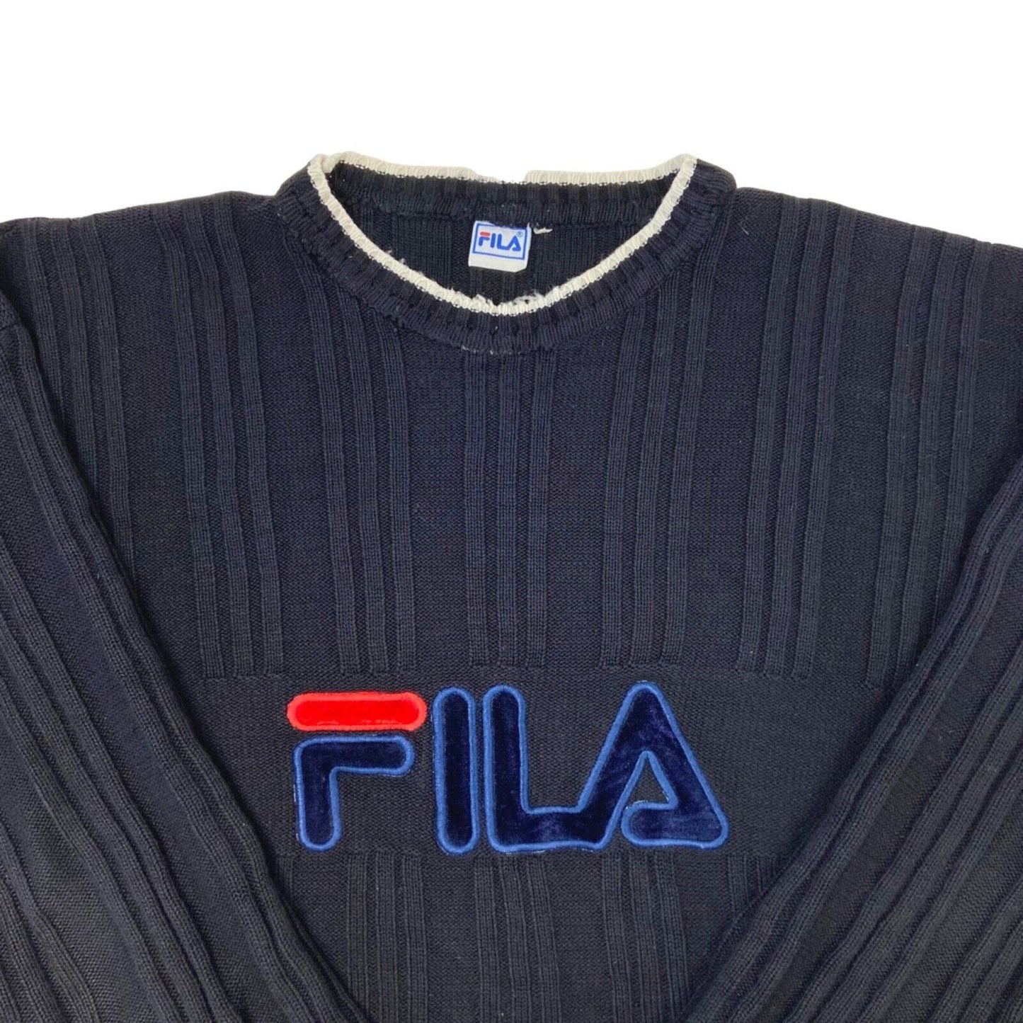 Vintage 90s Black Appliqué Fila Spell Out Knit Sweater XL