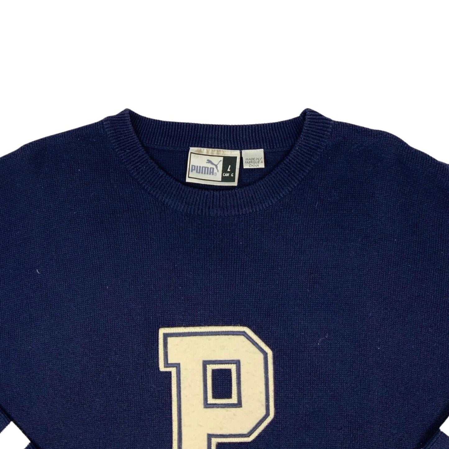 Vintage 90s Navy Blue Cream Puma Knit Sweater L