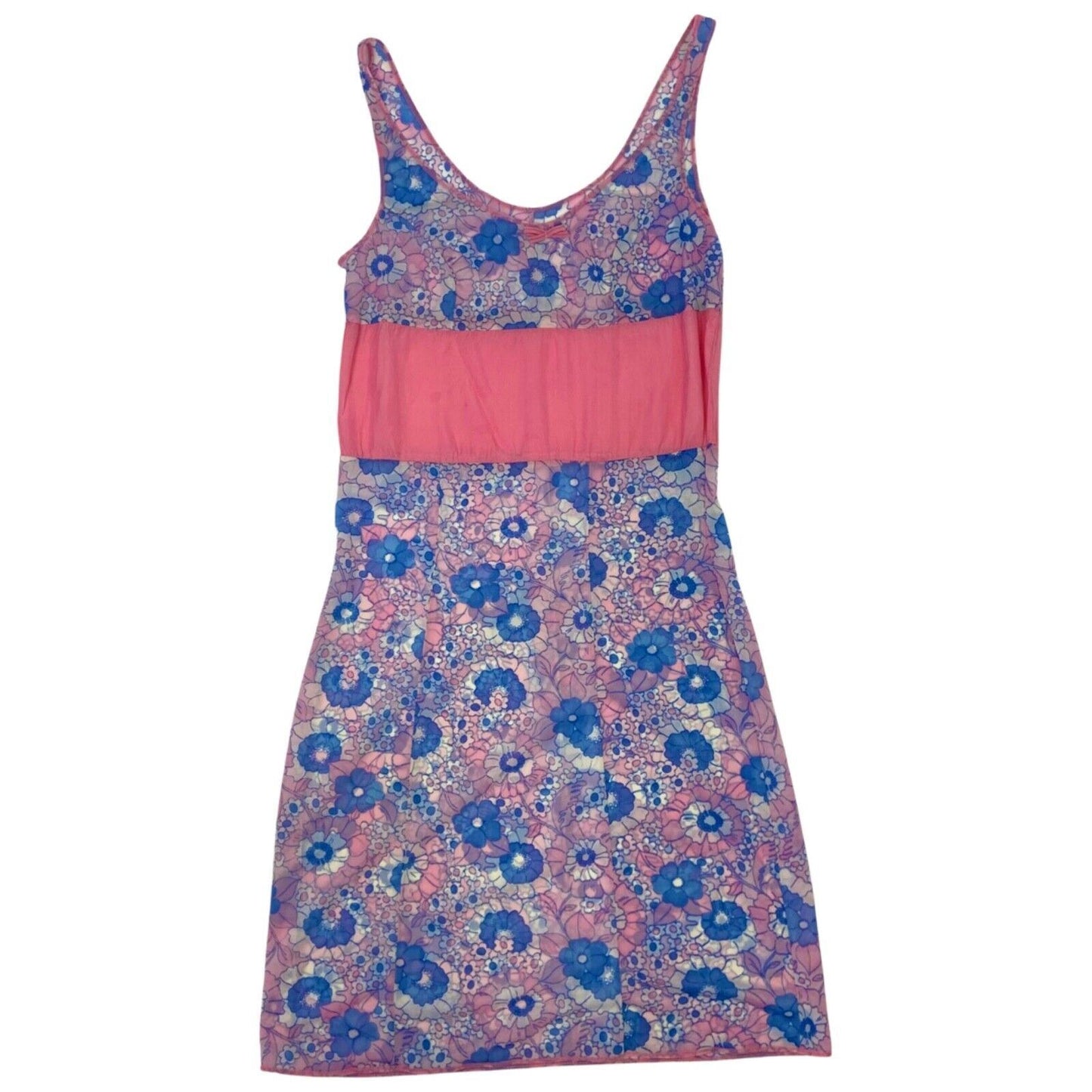 Vintage 90s Pink Blue Sheer Mesh Floral Slip Dress 8 10 S