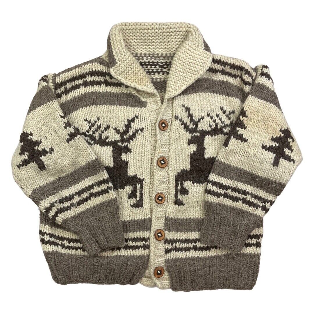 VINTAGE 70s MENS WOOL COWICHAN GRAPHIC KNIT ROCKABILLY CARDIGAN 48”