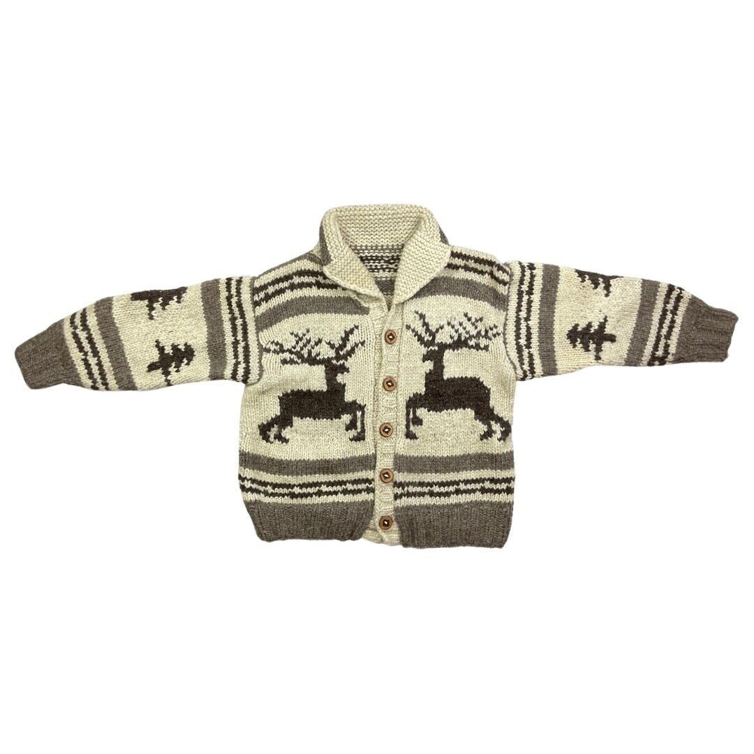 VINTAGE 70s MENS WOOL COWICHAN GRAPHIC KNIT ROCKABILLY CARDIGAN 48”