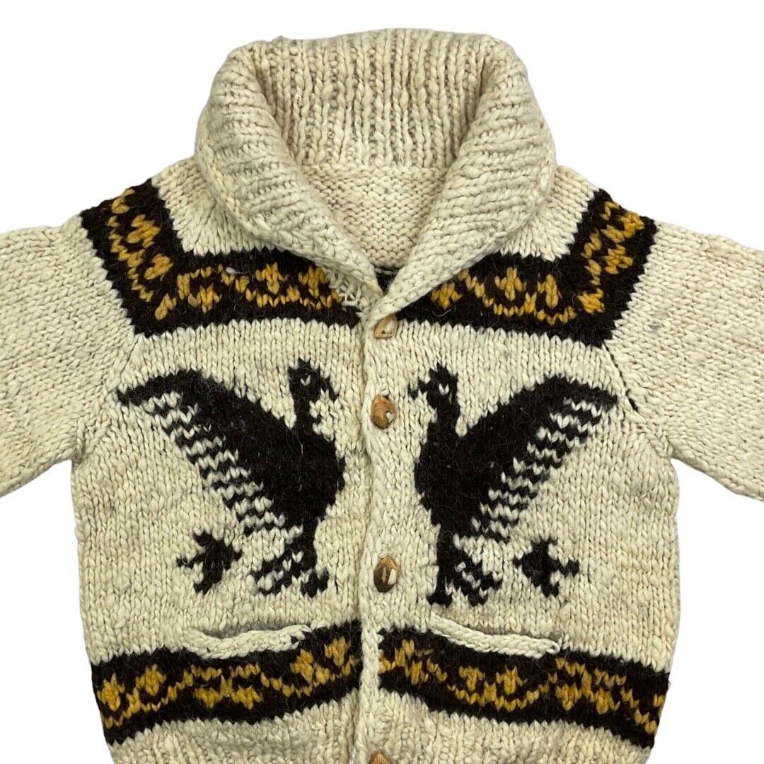 VINTAGE 60s LADIES CREAM WOOL COWICHAN GRAPHIC KNIT ROCKABILLY CARDIGAN 34” XS
