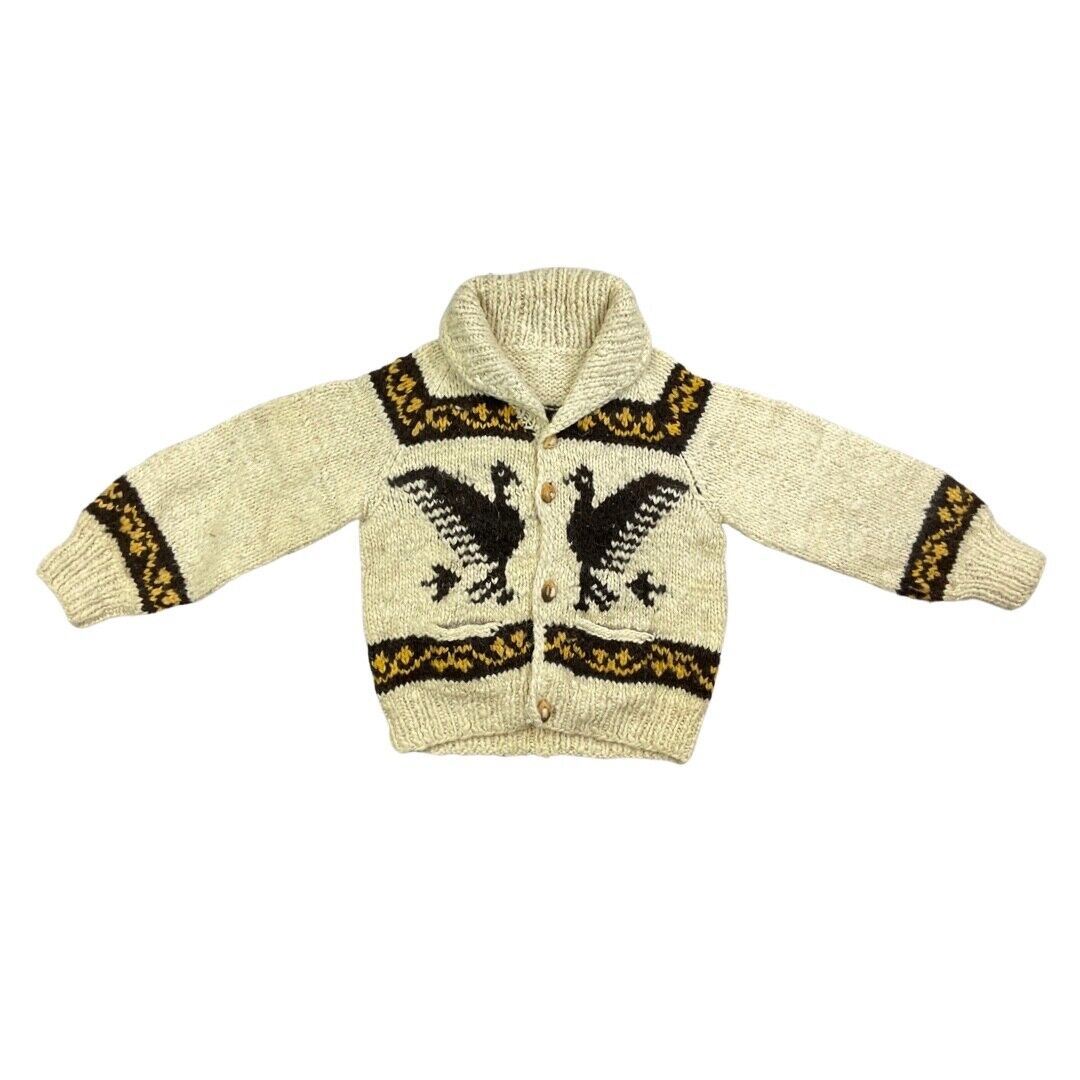 VINTAGE 60s LADIES CREAM WOOL COWICHAN GRAPHIC KNIT ROCKABILLY CARDIGAN 34” XS
