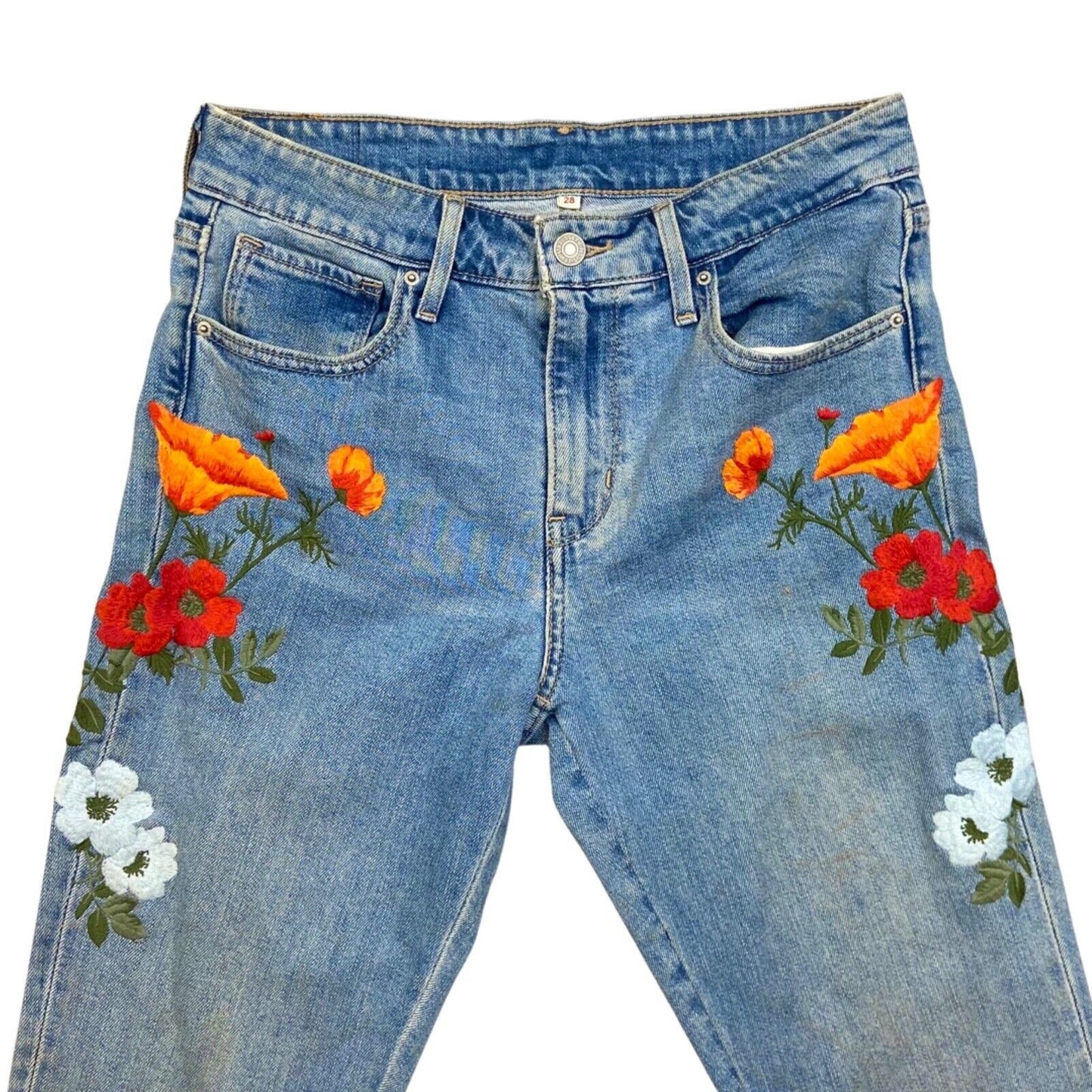LADIES RED TAB LEVIS SKINNY FIT FLOWER EMBROIDERED JEANS HIPPY BOHO 28 w 34 L
