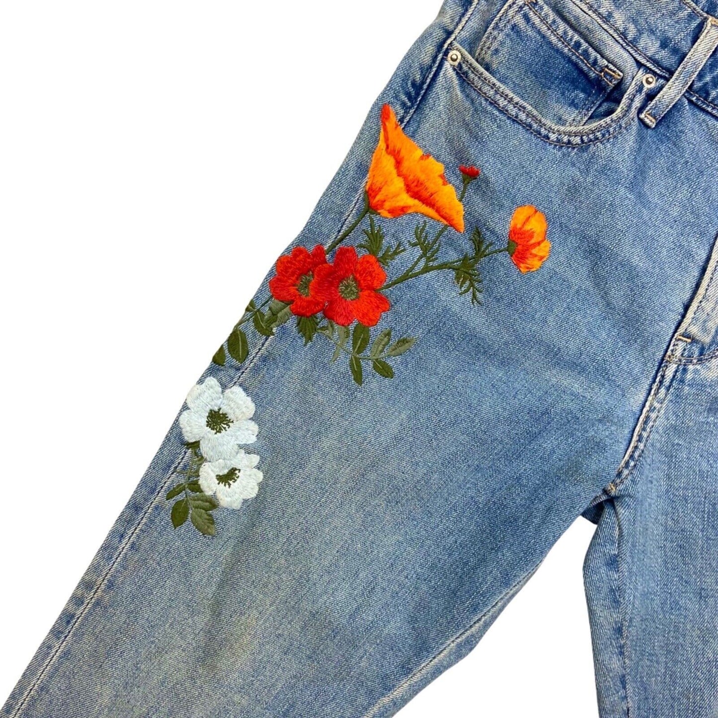 LADIES RED TAB LEVIS SKINNY FIT FLOWER EMBROIDERED JEANS HIPPY BOHO 28 w 34 L