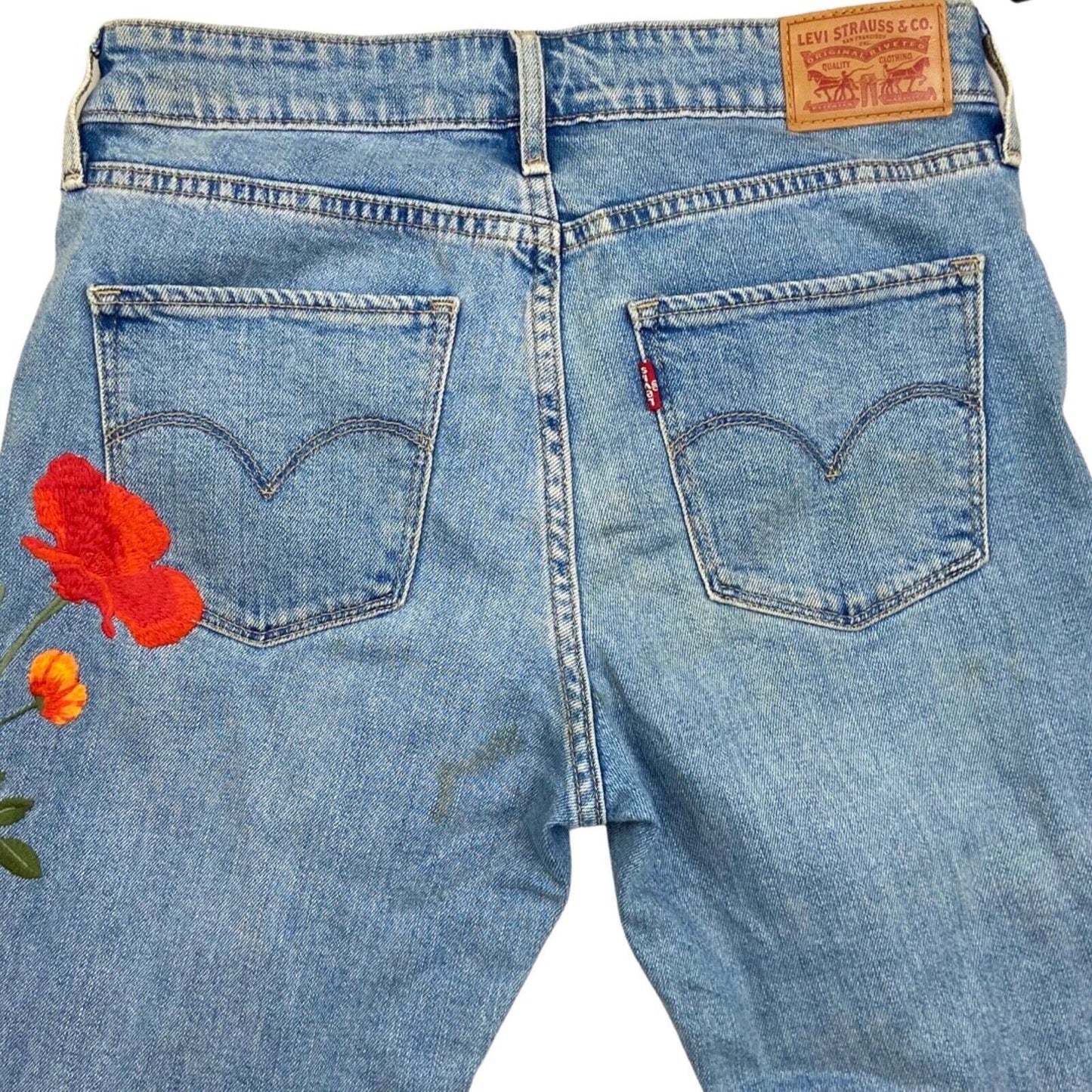 LADIES RED TAB LEVIS SKINNY FIT FLOWER EMBROIDERED JEANS HIPPY BOHO 28 w 34 L