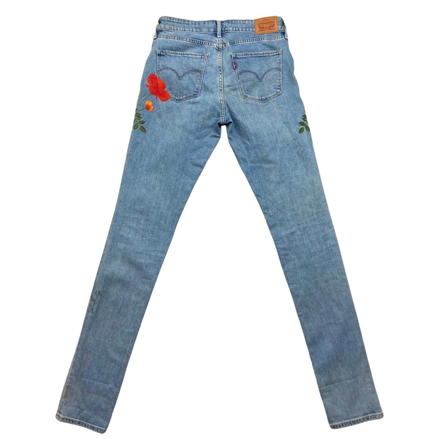 LADIES RED TAB LEVIS SKINNY FIT FLOWER EMBROIDERED JEANS HIPPY BOHO 28 w 34 L