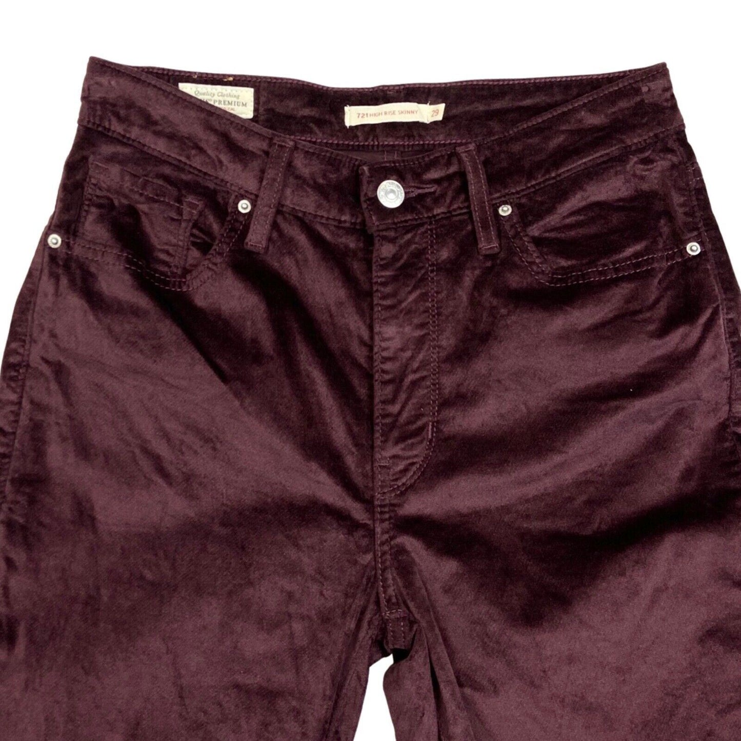 LADIES LEVIS BIG E PREMIUM 721 MAROON HIGH RISE SKINNY VELVET JEANS 29 W 30 L