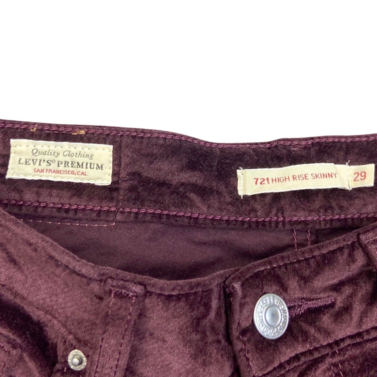 LADIES LEVIS BIG E PREMIUM 721 MAROON HIGH RISE SKINNY VELVET JEANS 29 W 30 L