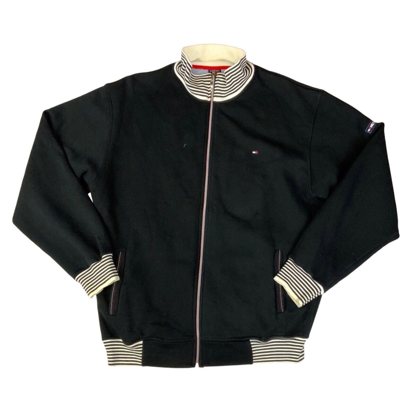 Vintage 90s 00s Black White Stripped Tommy Hilfiger Zip Up Sweater Jumper