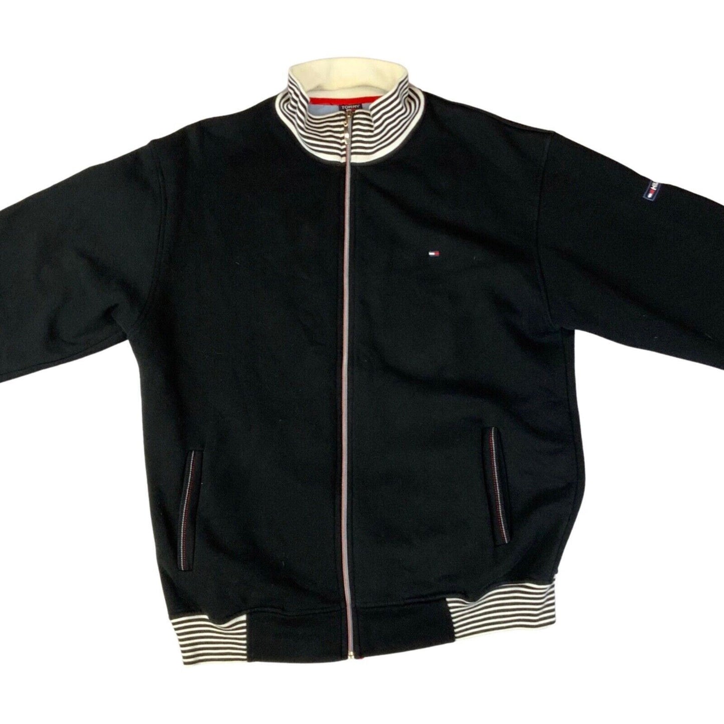 Vintage 90s 00s Black White Stripped Tommy Hilfiger Zip Up Sweater Jumper