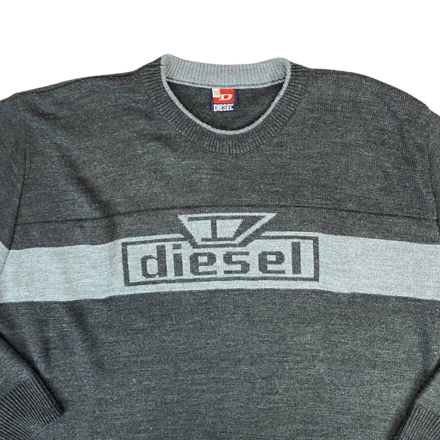 Vintage 90s Grey Diesel Logo Spell-Out Graphic Knit Sweater Jumper XL