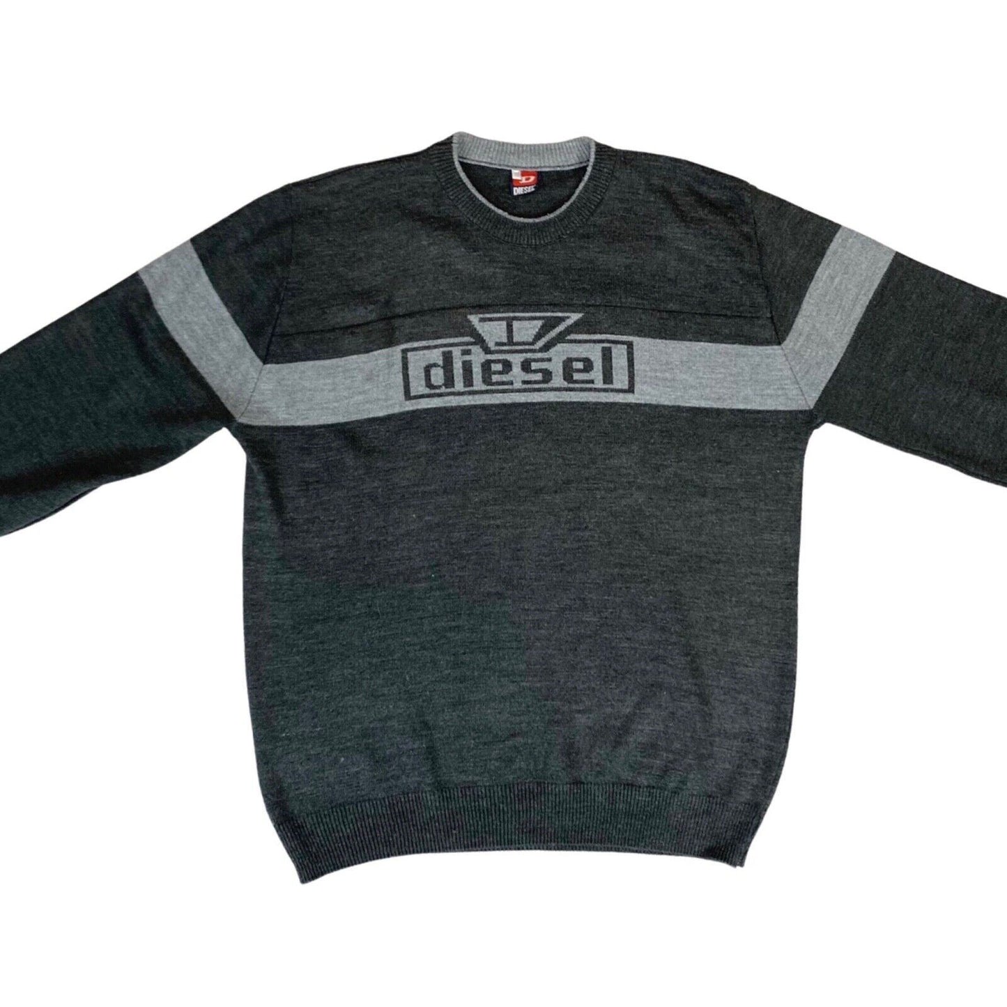 Vintage 90s Grey Diesel Logo Spell-Out Graphic Knit Sweater Jumper XL