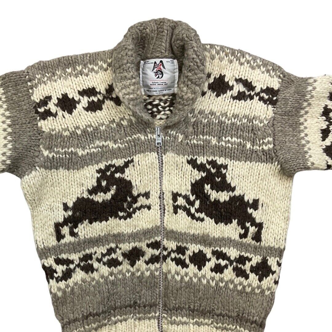 VTG MENS WOOL NATIVE CANADIAN COWICHAN GRAPHIC KNIT ROCKABILLY CARDIGAN 42” L