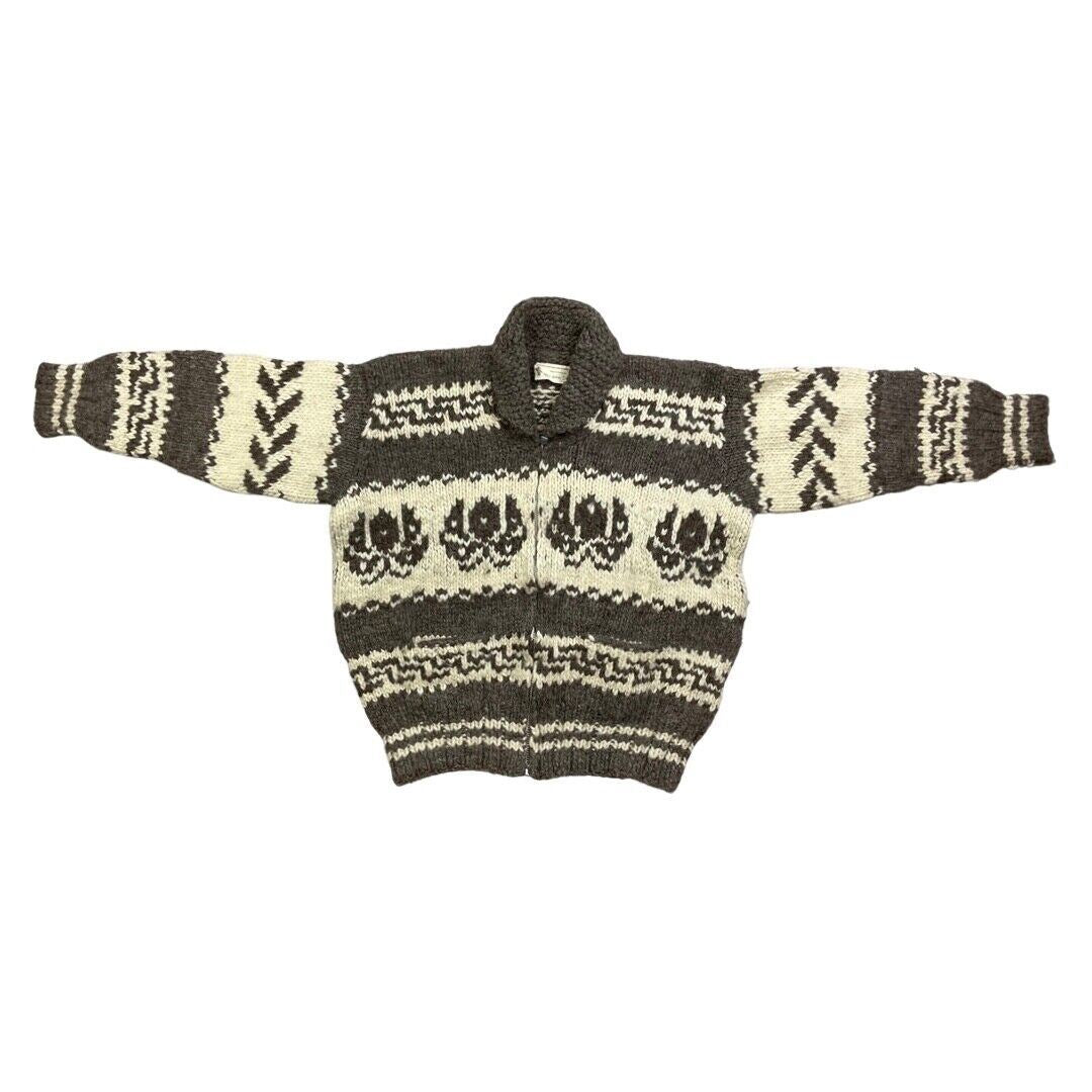 VTG MENS WOOL NATIVE CANADIAN COWICHAN GRAPHIC KNIT ROCKABILLY CARDIGAN 48”