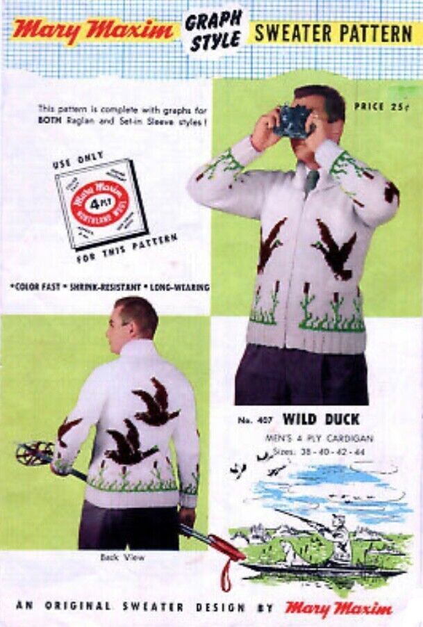 VTG 50s MARY MAXIM WOOL COWICHAN CARDIGAN MALLARD DUCK KNIT ROCKABILLY 44”
