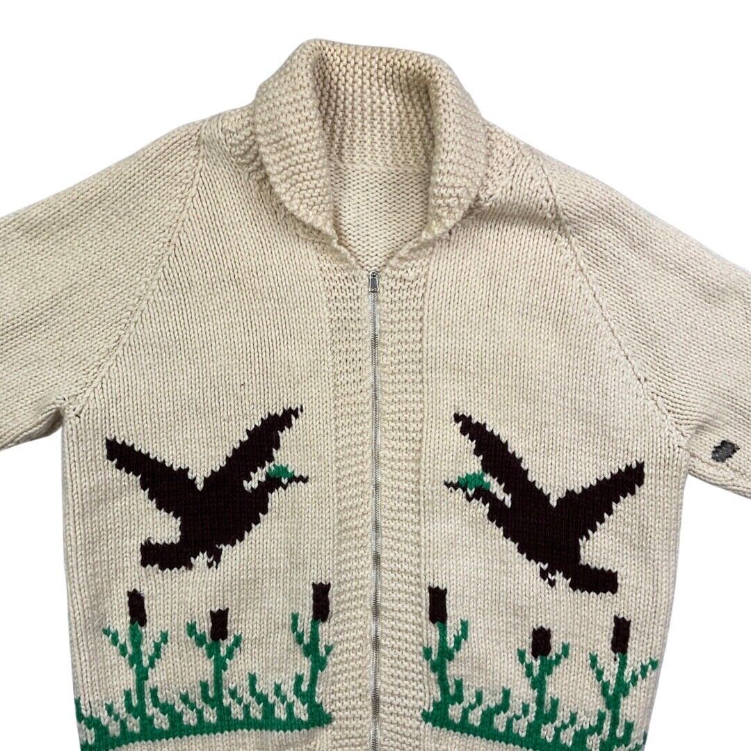 VTG 50s MARY MAXIM WOOL COWICHAN CARDIGAN MALLARD DUCK KNIT ROCKABILLY 44”