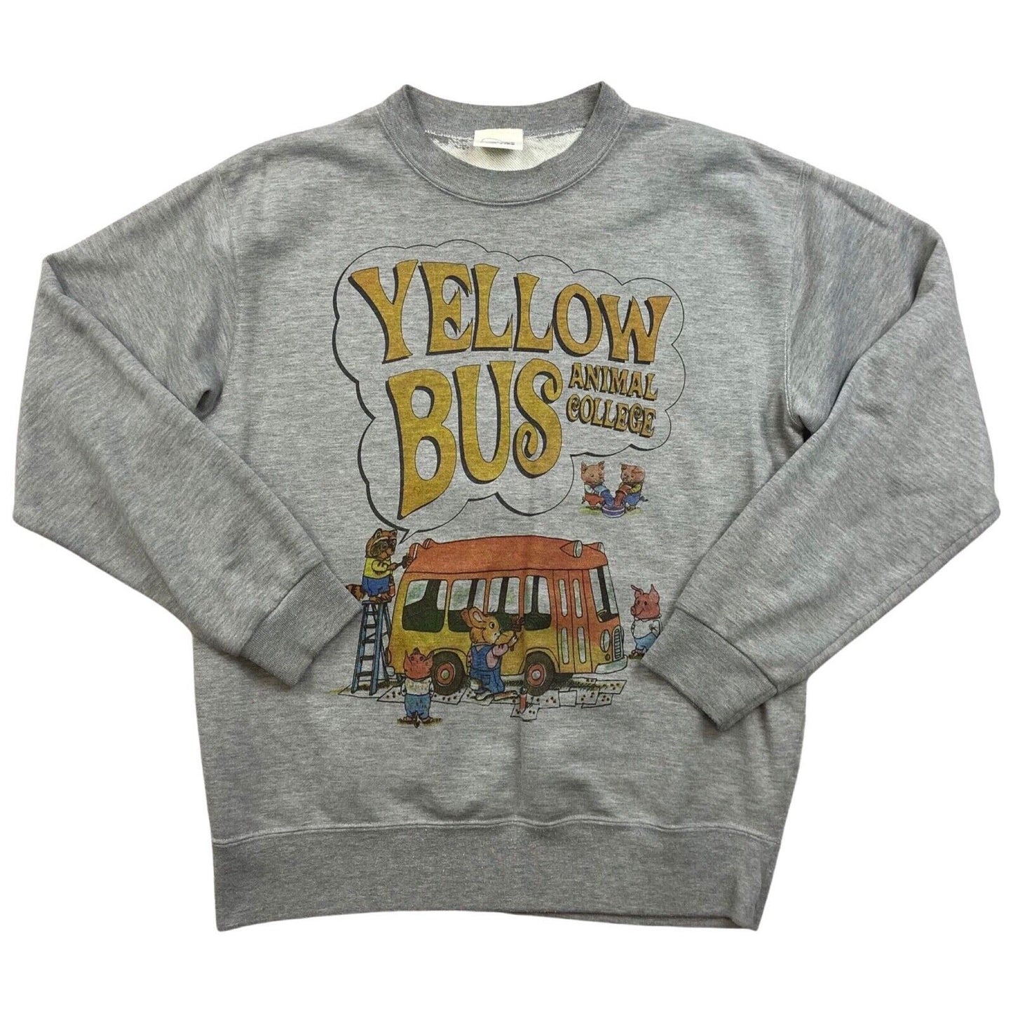 VTG 90s 00s Grey Novelty Yellow Bus Animal College Graphic Printed Sweatshirt M