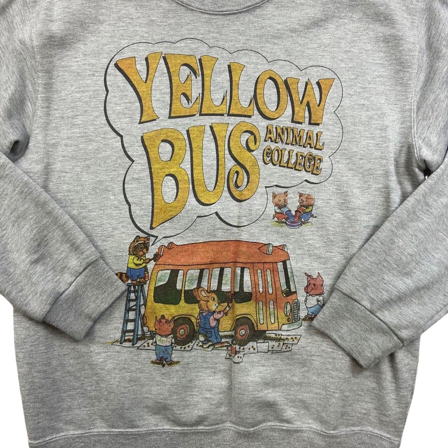 VTG 90s 00s Grey Novelty Yellow Bus Animal College Graphic Printed Sweatshirt M