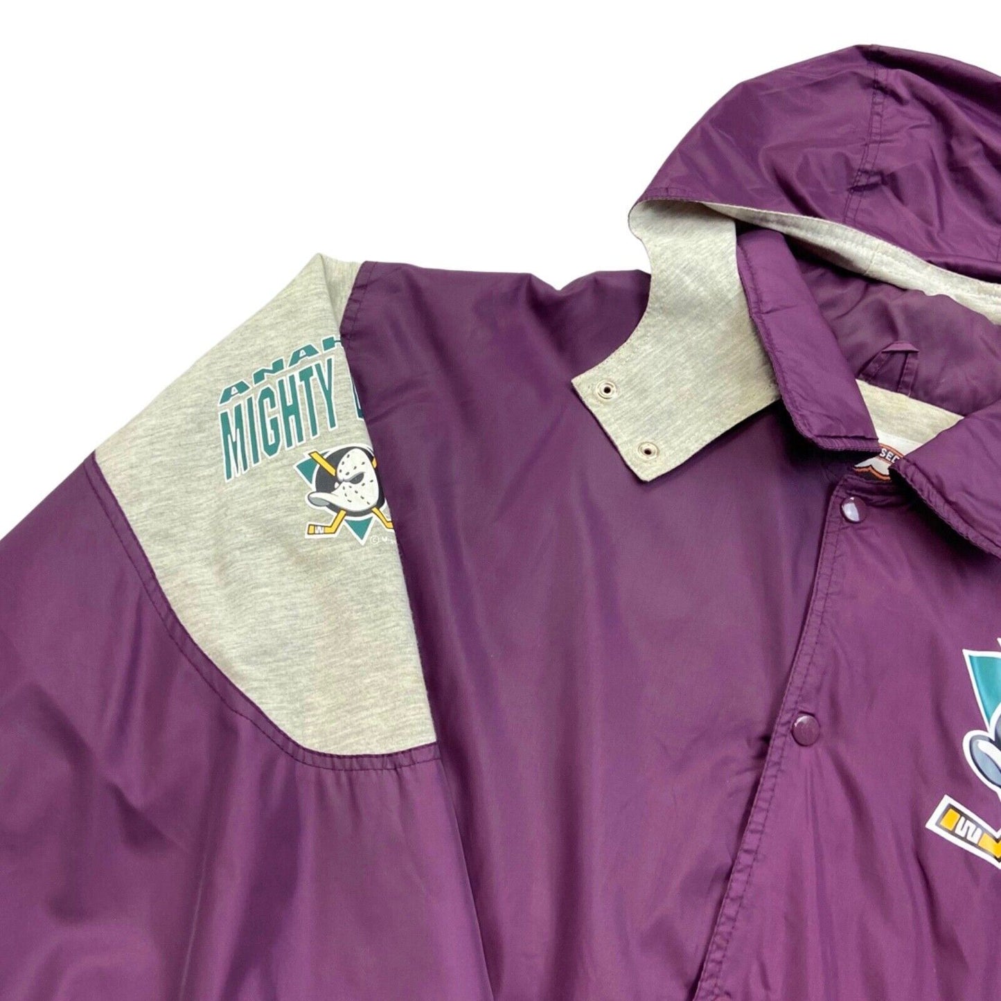 Vtg 00s Anaheim Mighty Ducks NHL Purple Grey Light Weight Sports Jacket XXL
