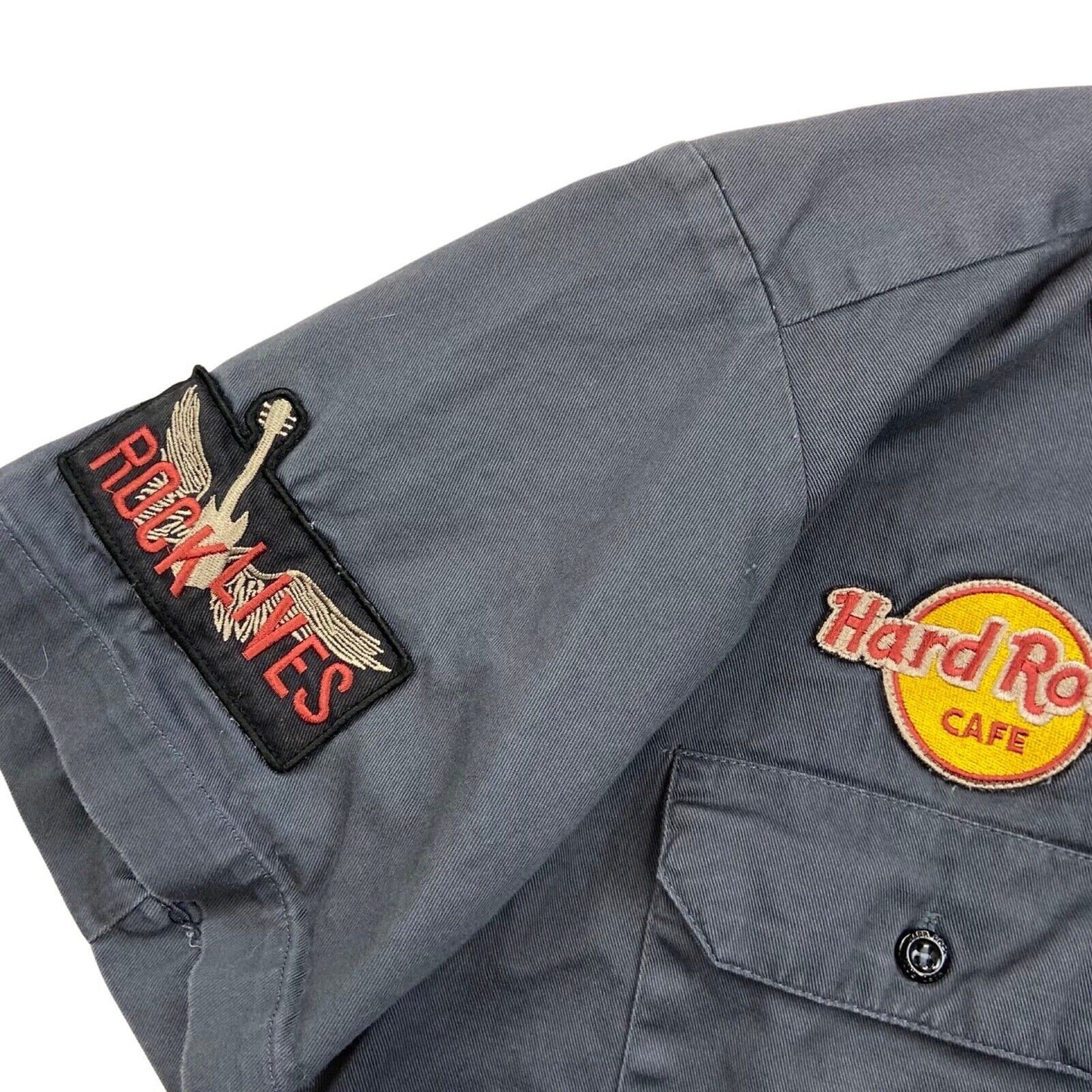 Vintage 90s 00s Grey Hard Rock Cafe Patch Button Up Shirt M