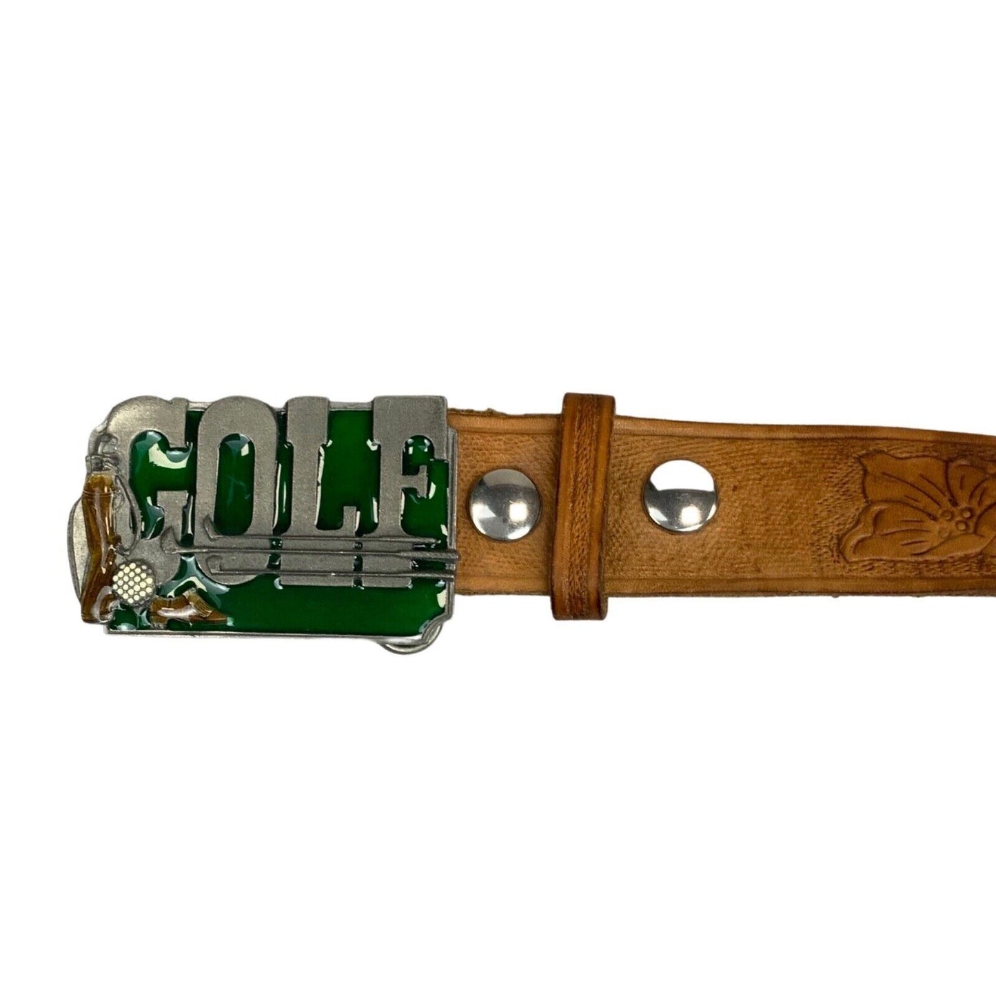 Vintage 1995 Brown Stamped Green Golf Siskiyou Buckle Personalised Belt 44" M/L