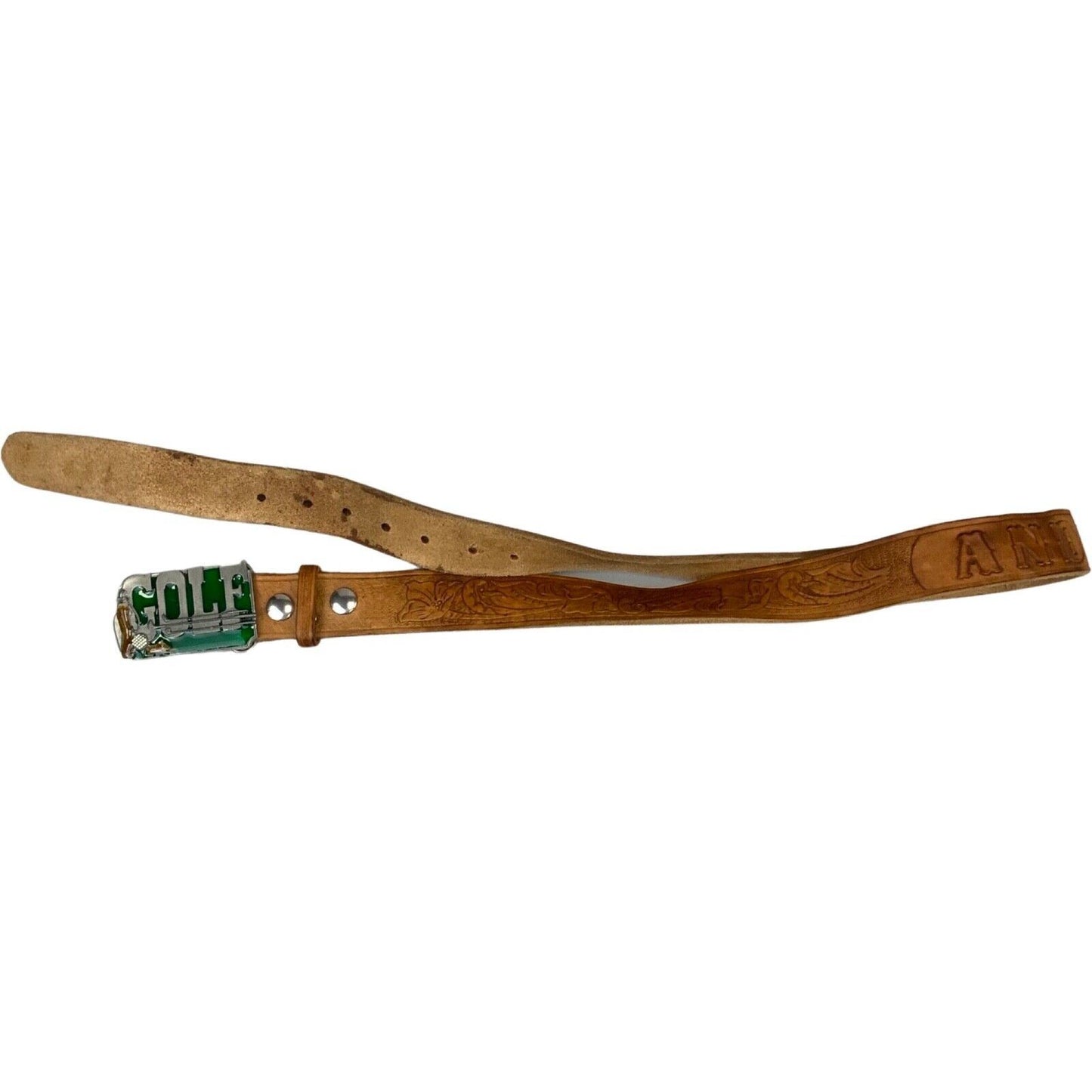 Vintage 1995 Brown Stamped Green Golf Siskiyou Buckle Personalised Belt 44" M/L