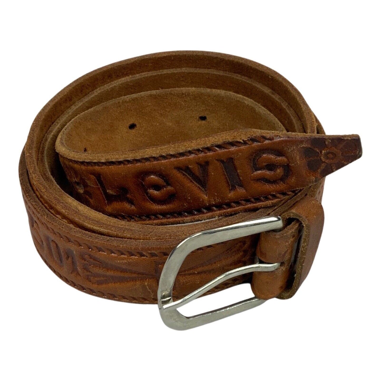 Vintage Brown Levi's 501 Stamped Belt Silver Metal Buckle 51" L/XL