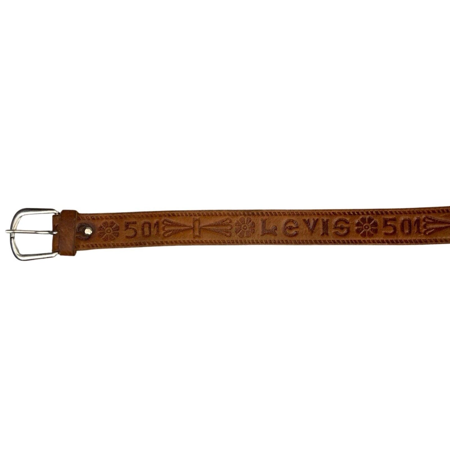 Vintage Brown Levi's 501 Stamped Belt Silver Metal Buckle 51" L/XL