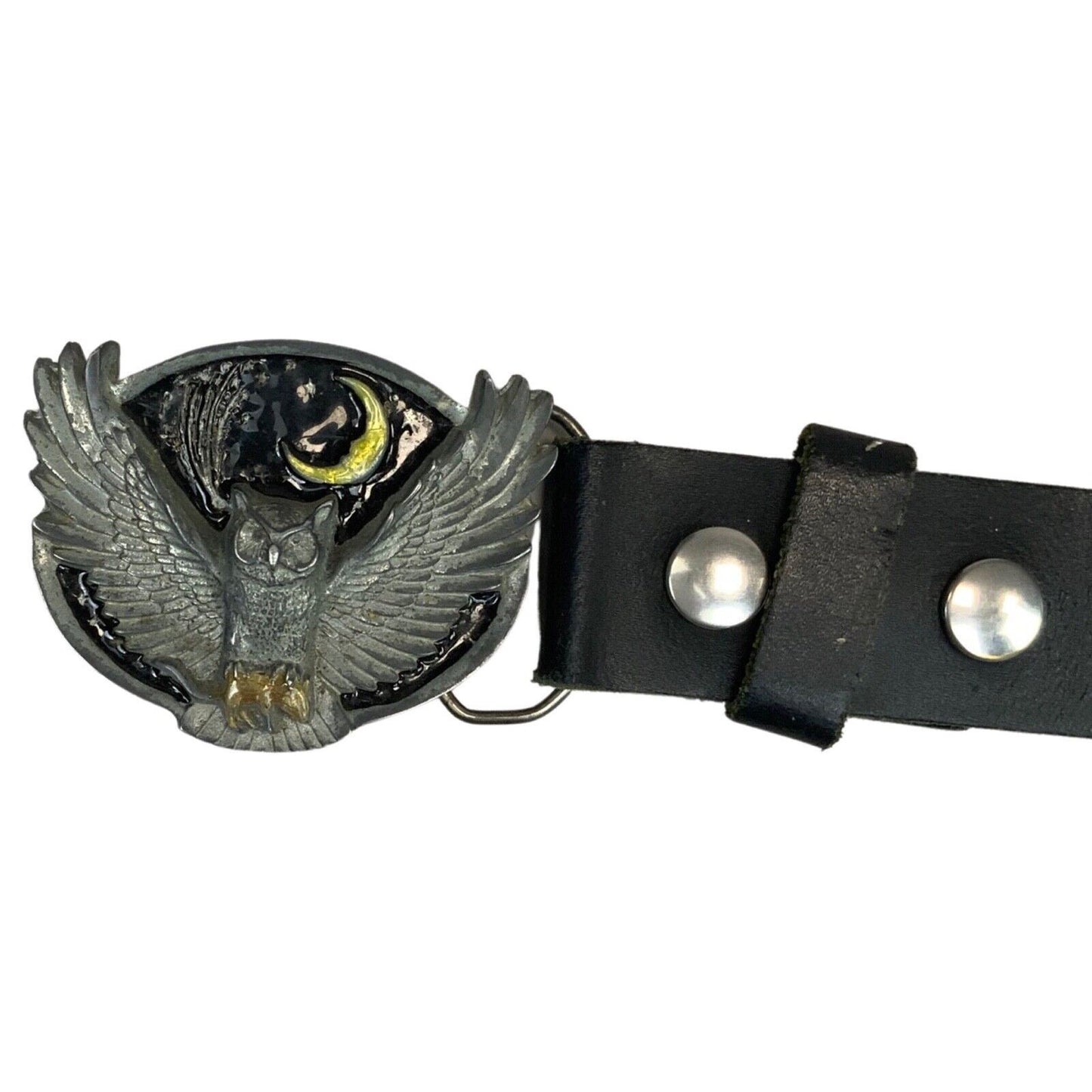 Vintage Black Leather with Silver Owl Novelty Buckle Belt 45 1/2" M/L
