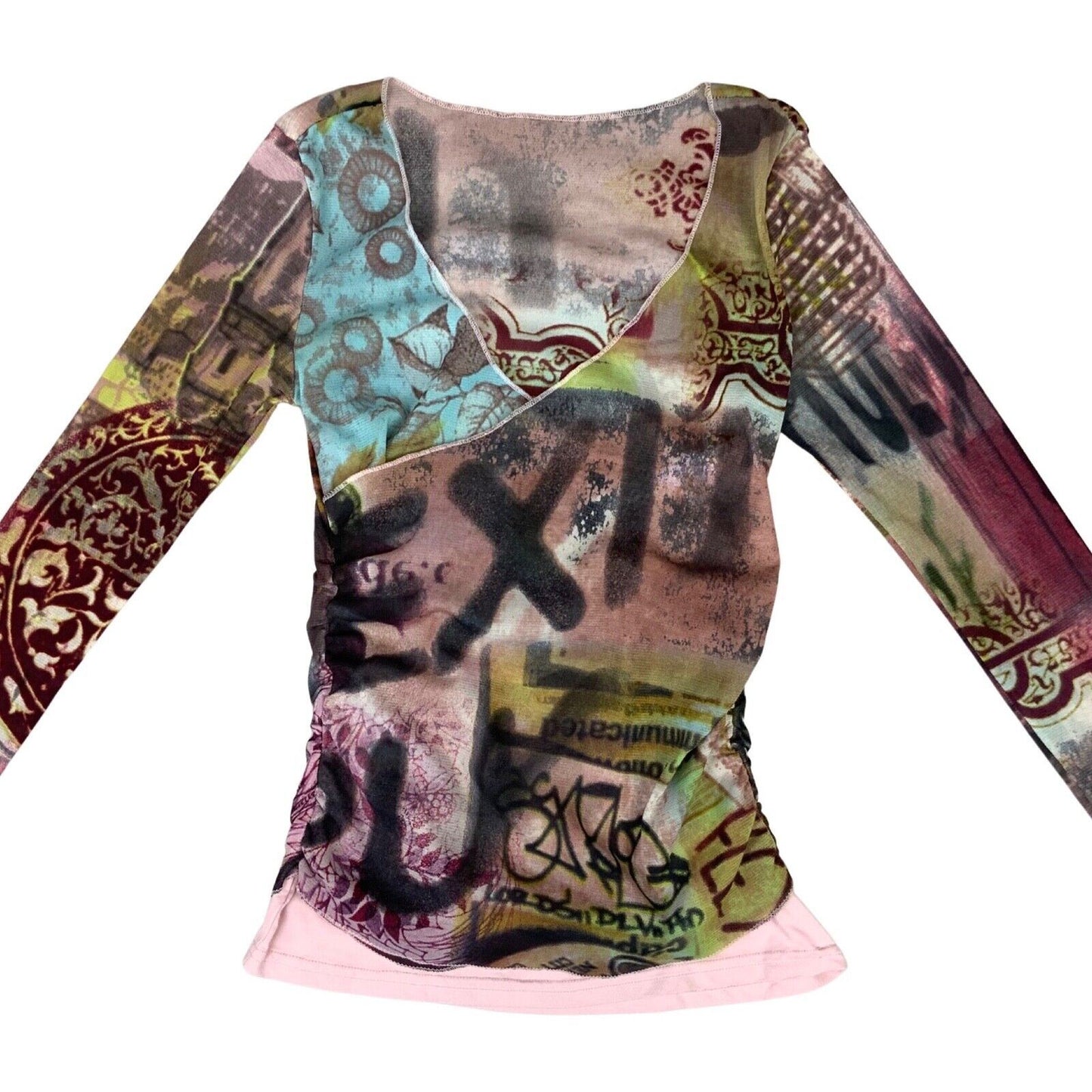 Vintage Y2K Pink Blue Green Mesh Sheer Graphic Wrap Around Top 8 10 S
