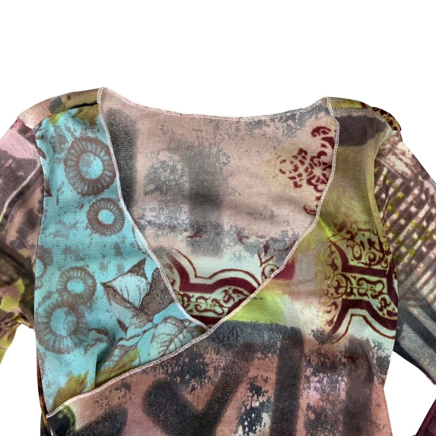 Vintage Y2K Pink Blue Green Mesh Sheer Graphic Wrap Around Top 8 10 S