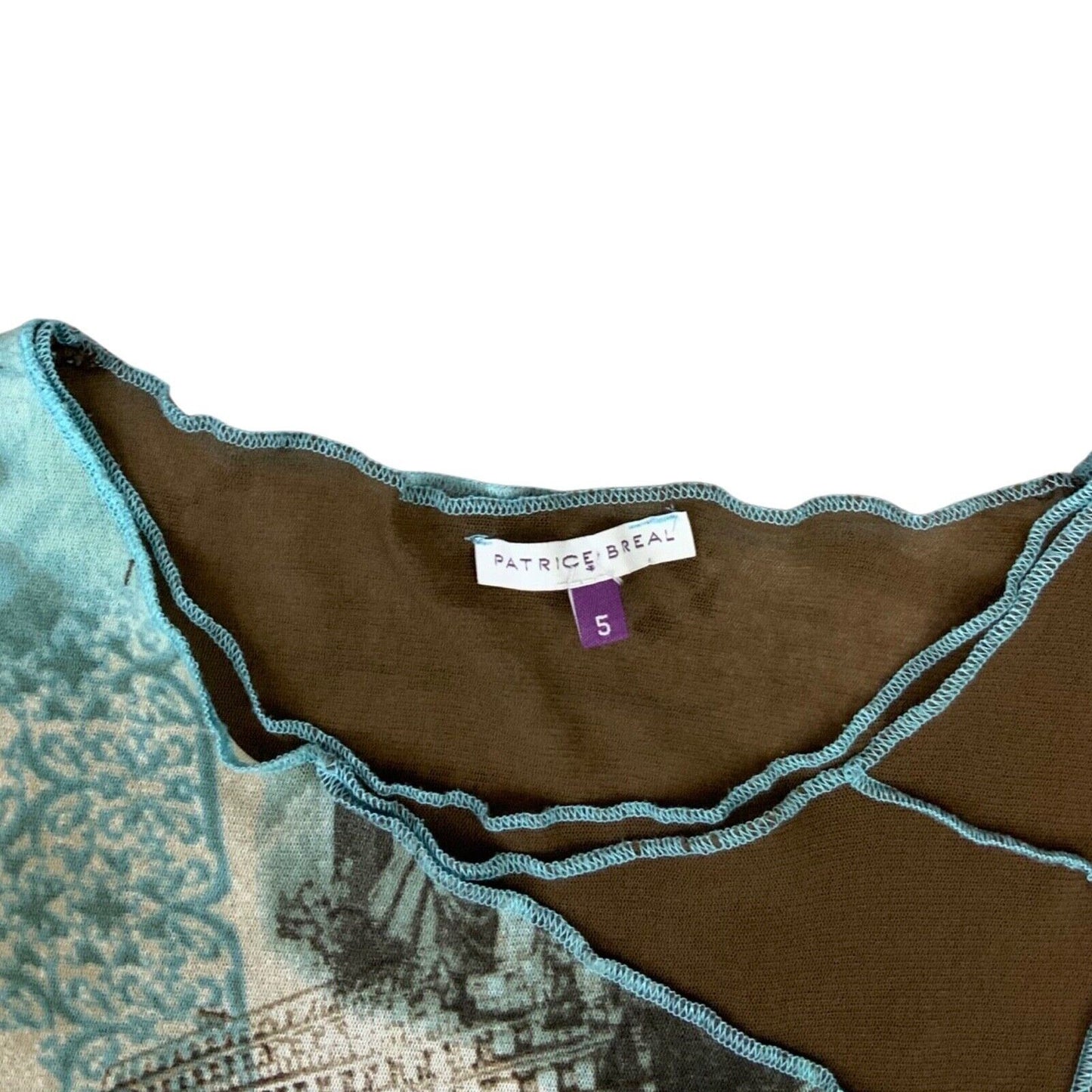 Vintage Y2K Blue Brown Graphic Print Mesh Contrast Stitch Top 10 12 S M