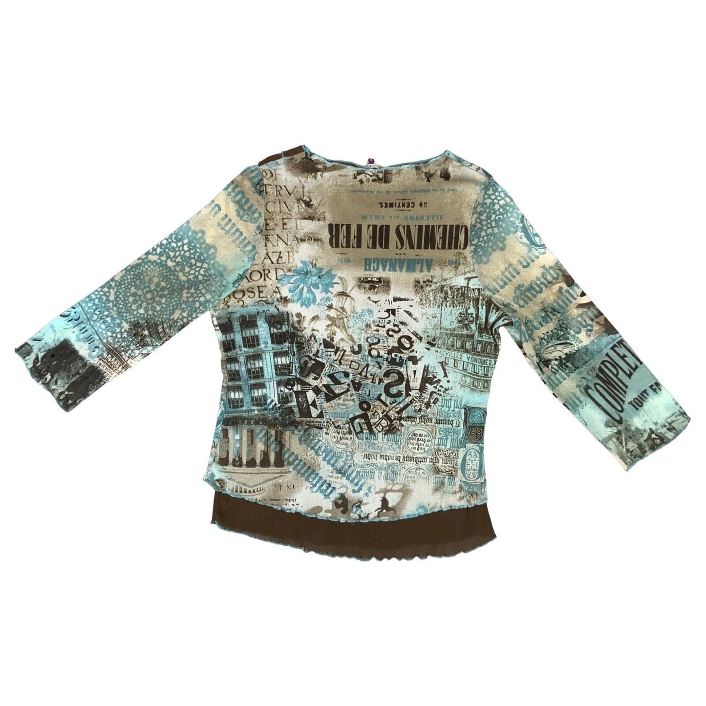 Vintage Y2K Blue Brown Graphic Print Mesh Contrast Stitch Top 10 12 S M