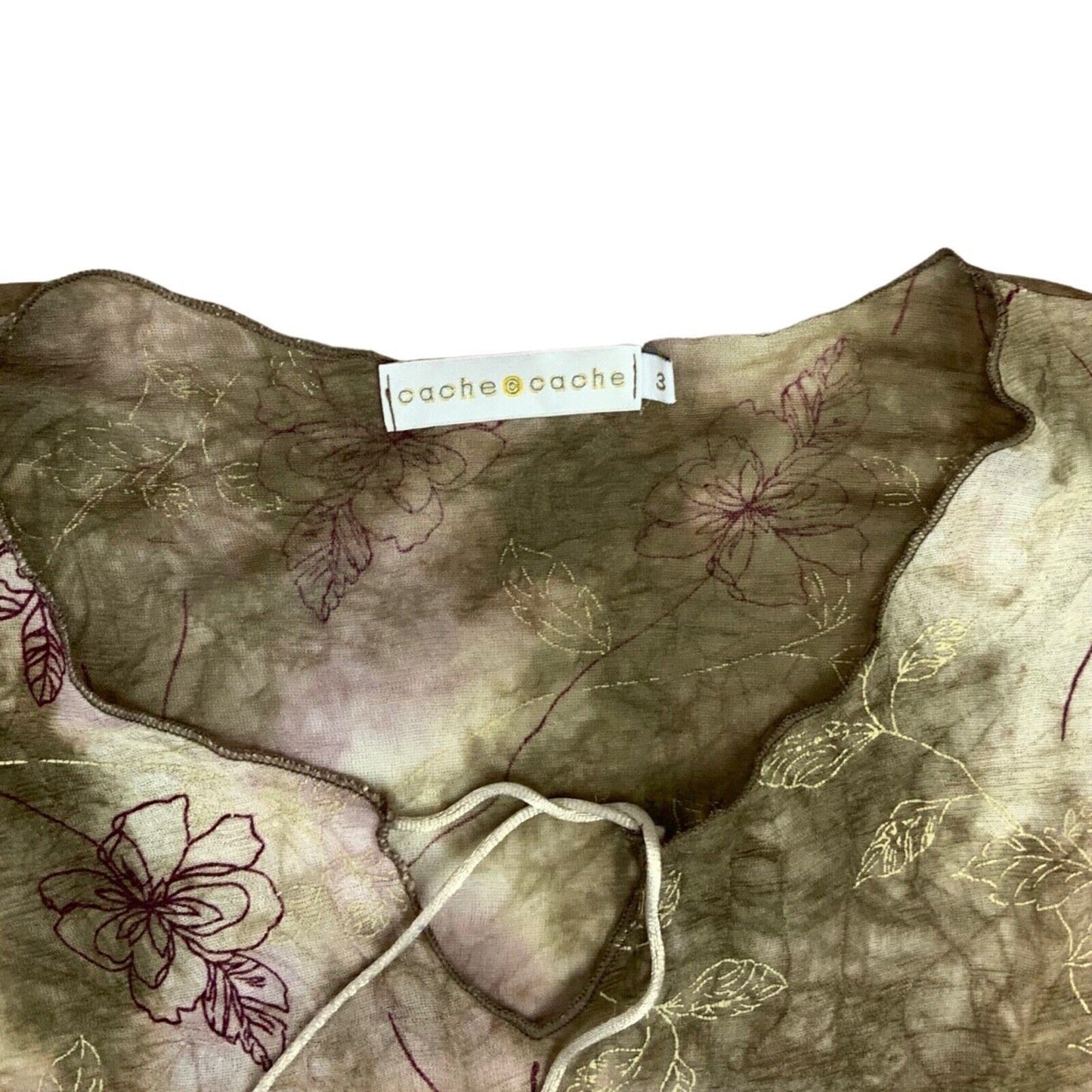 Vintage Y2K Beige Khaki Floral Mesh Sheer Tie Dye Lettuce Hem Top 8 10 S