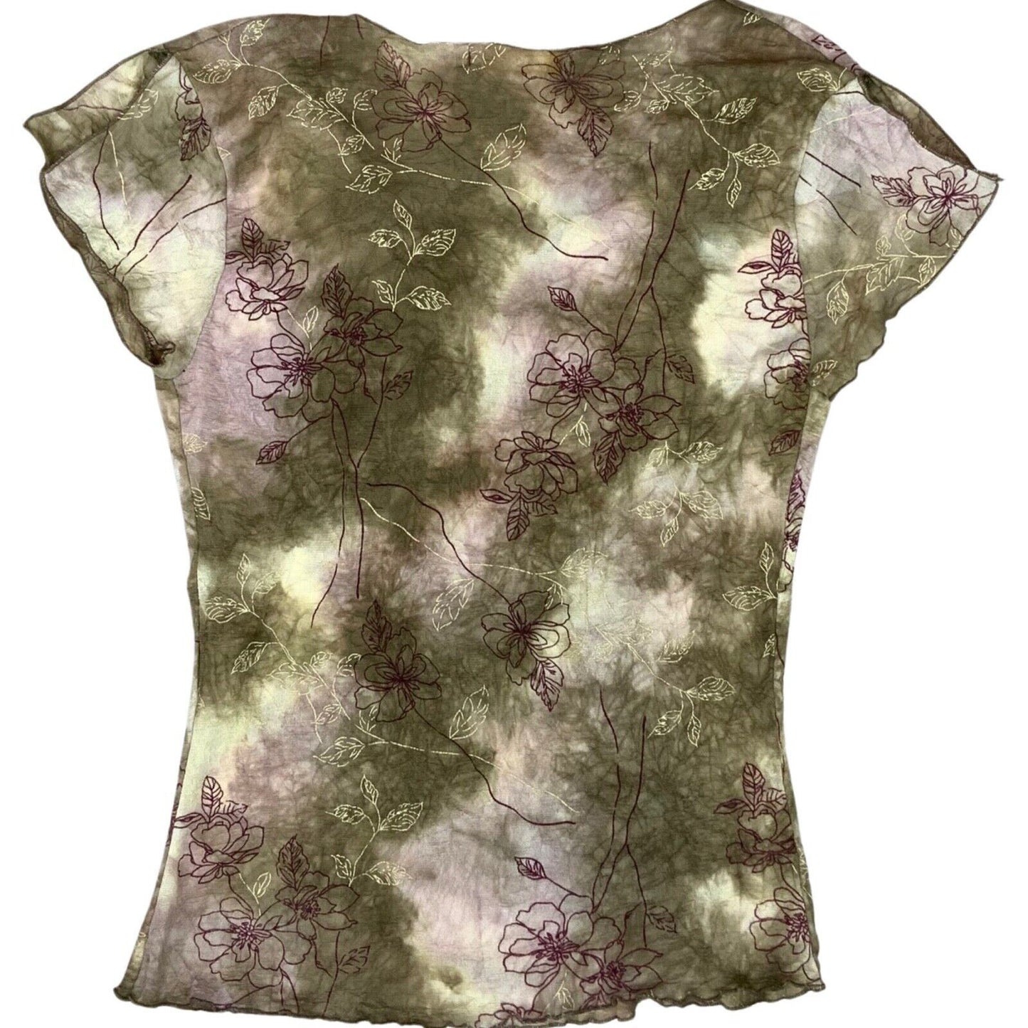 Vintage Y2K Beige Khaki Floral Mesh Sheer Tie Dye Lettuce Hem Top 8 10 S