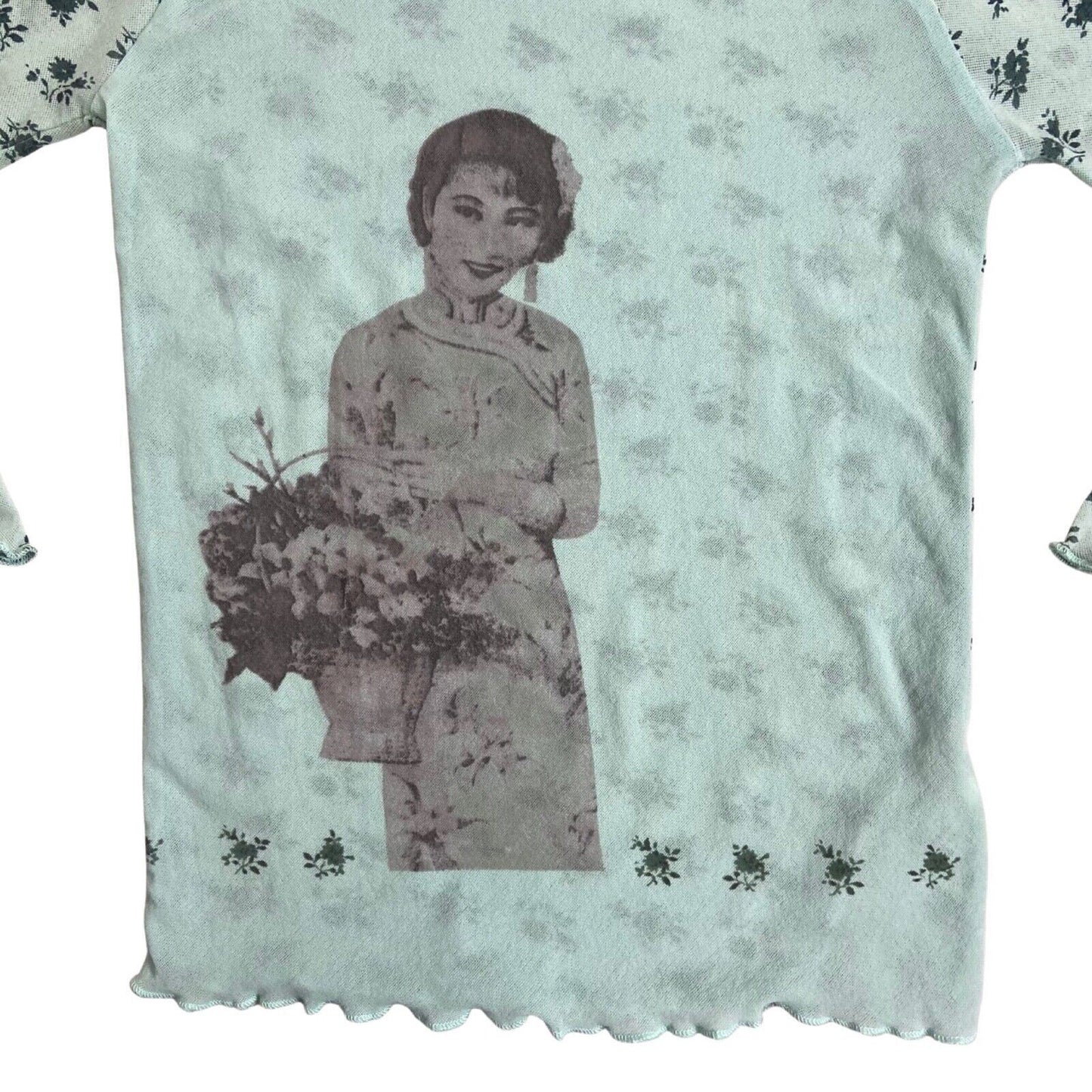Vintage Y2K Blue Turquoise Floral Mesh Sheer Graphic Print Top 8 10 S