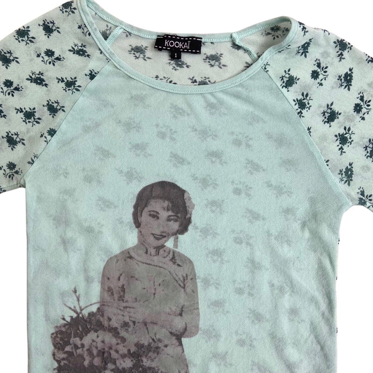 Vintage Y2K Blue Turquoise Floral Mesh Sheer Graphic Print Top 8 10 S