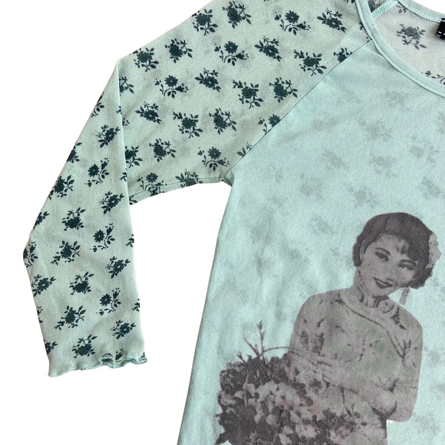 Vintage Y2K Blue Turquoise Floral Mesh Sheer Graphic Print Top 8 10 S